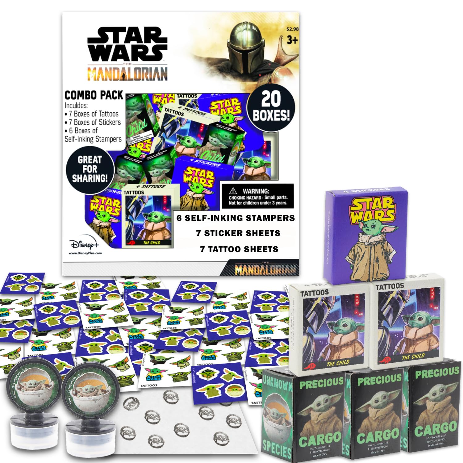 STAR WARS Baby Yoda Party Favors for 20 Guests Bundle ~ 20 Pieces Mandalorian Favor Boxes with Stickers, Tattoos, and Stampers for Kids Birthday Party