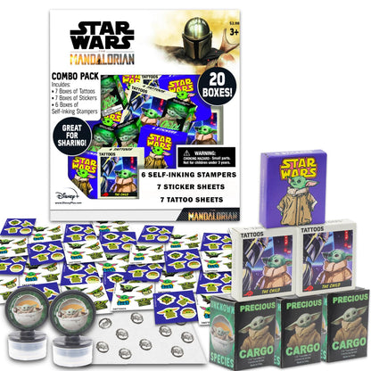 STAR WARS Baby Yoda Party Favors for 20 Guests Bundle ~ 20 Pieces Mandalorian Favor Boxes with Stickers, Tattoos, and Stampers for Kids Birthday Party