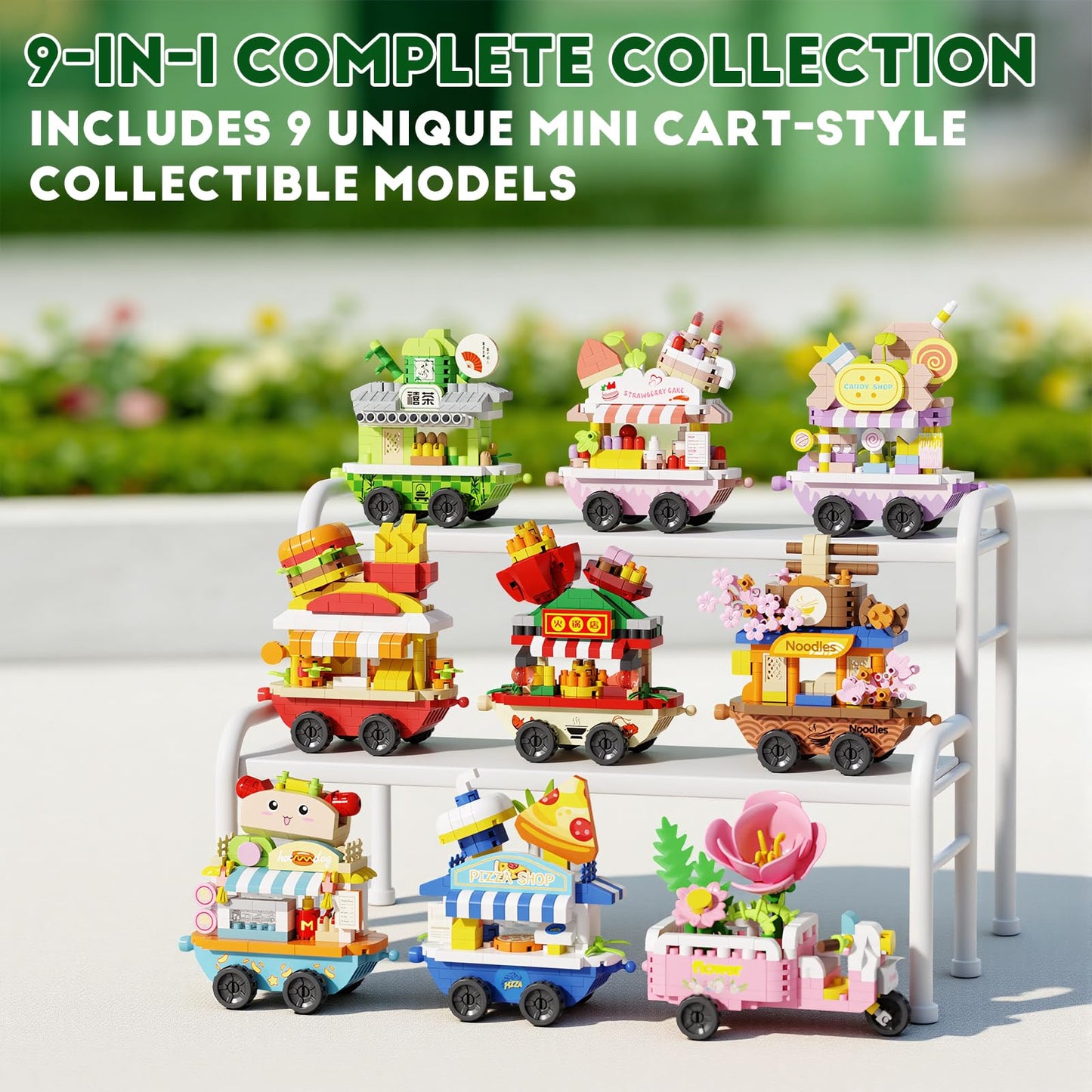 YCJZXMS 9-in-1 Kawaii Mini Building Blocks Set, Cute Food Shop DIY Model Kit, Pastel Aesthetic Desk Decor, Collectible Street Market Building Set