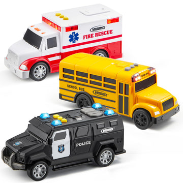 Vroomix JOVA Emergency and School Vehicle Toy Set - Friction Powered Police Car, Ambulance, Bus with Lights and Sounds - Educational and Safe Toy
