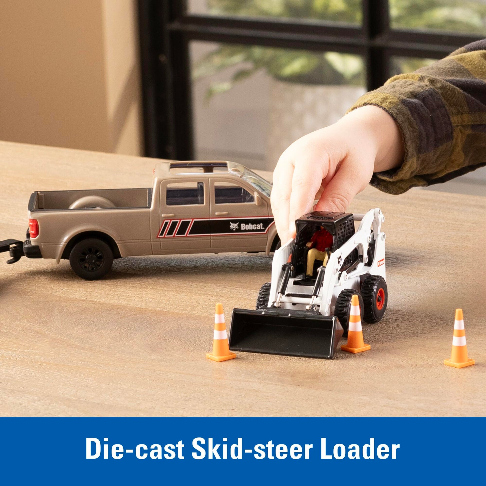 TOMY Bobcat Construction Toys - 1:32 Scale - Includes Pick Up Truck, Skid Steer, Trailer, Worker, and Cones - Collectible Die-Cast Skid Steer - Indoor