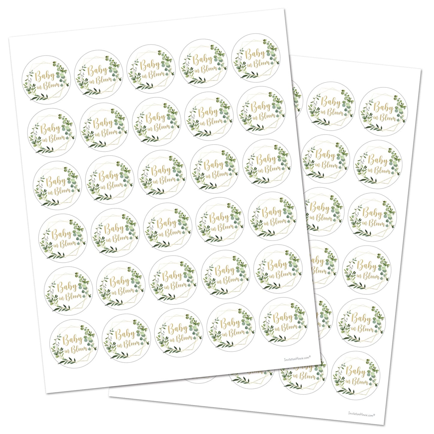 1.5"" Round Baby in Bloom Baby Shower Favor Stickers - Set of 60 (Greenery)