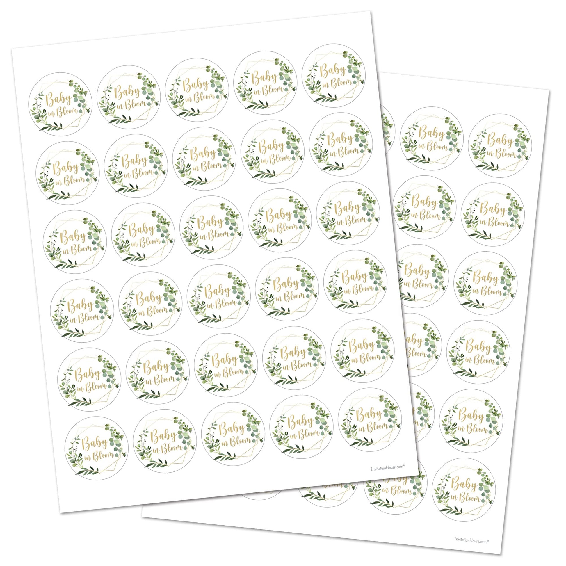 1.5"" Round Baby in Bloom Baby Shower Favor Stickers - Set of 60 (Greenery)