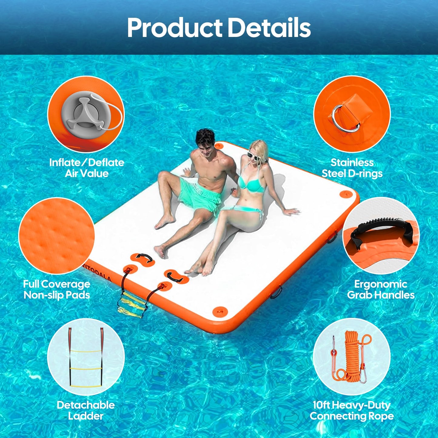 Inflatable Floating Dock, Water Island Float Raft Mat with Non-Slip Surface, 5FT/8FT/10FT Air Deck Platform, 6 Inch Thick for Pool, Lake, River