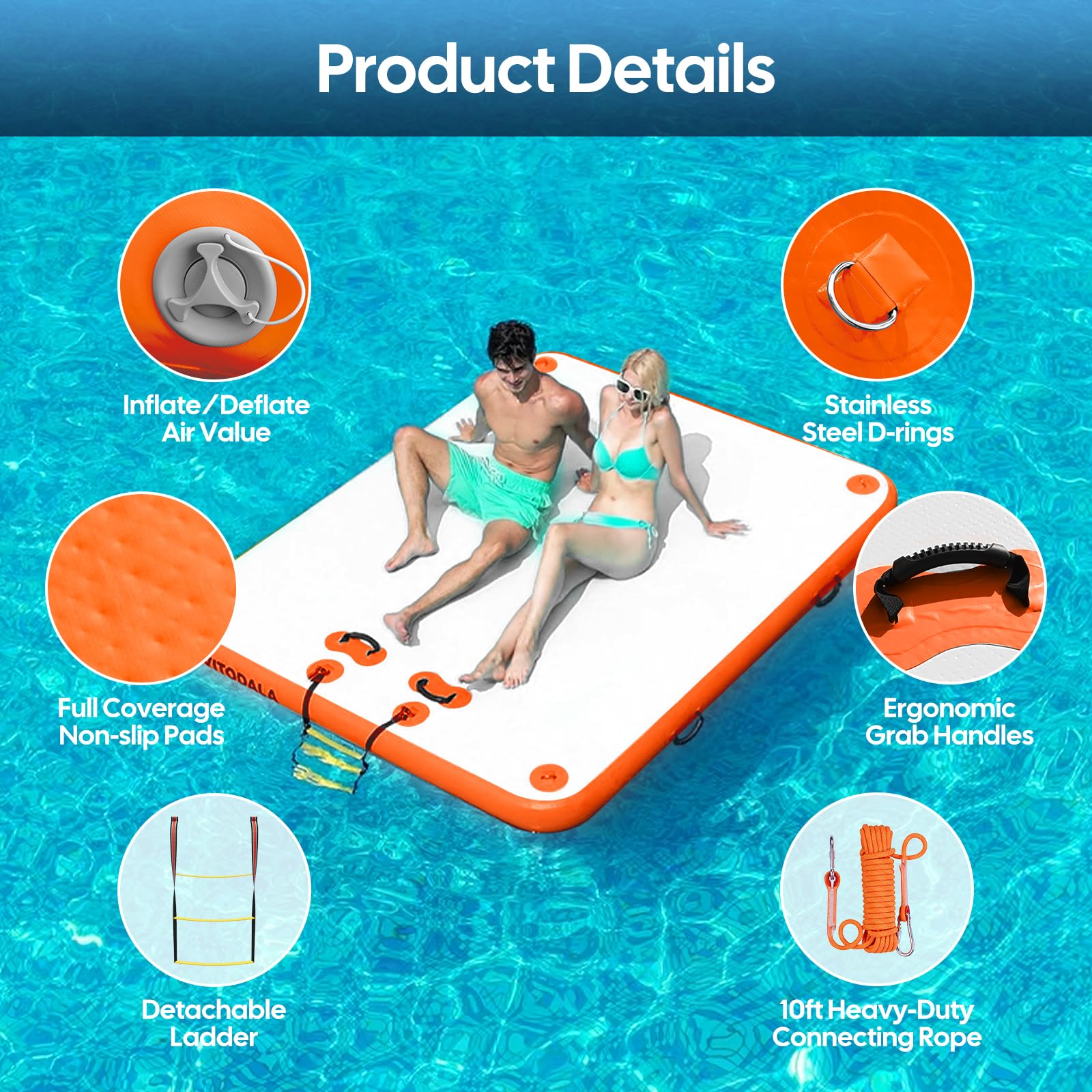 Inflatable Floating Dock, Water Island Float Raft Mat with Non-Slip Surface, 5FT/8FT/10FT Air Deck Platform, 6 Inch Thick for Pool, Lake, River