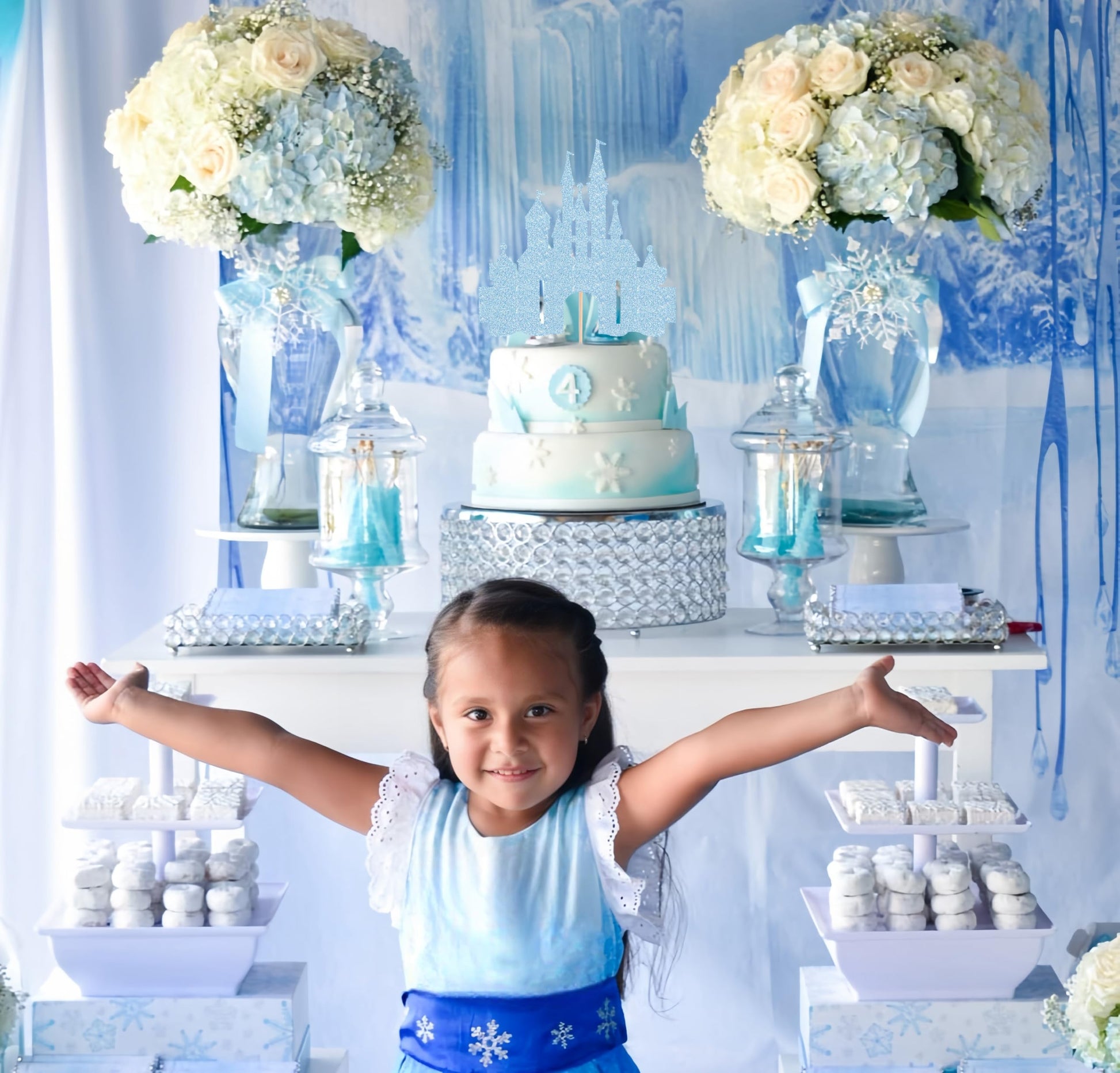 EONNCNT Castle Cake Topper - Light Blue Glitter Castle Theme Birthday Cake Decorating Supplies, Princess Prince Baby Shower Birthday Party Supplies
