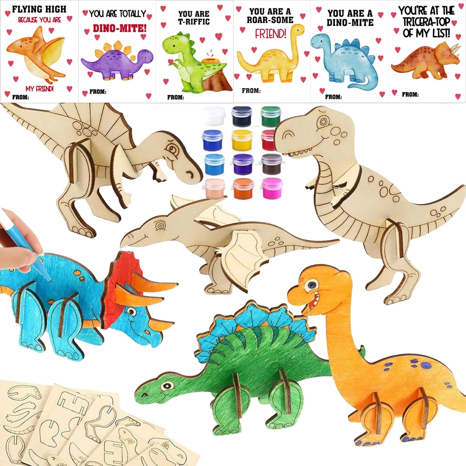 Wood Crafts Dinosaur Cutout Party Decorations Dinosaurs Cards with Dinosaurs DIY Wood Painting Crafts Bulk 24 Set 3D Puzzles Dinosaur Birthday Party