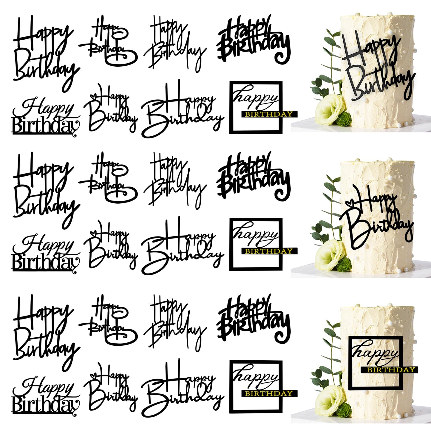 24 PCS Black Happy Birthday Cake Toppers Mirror Acrylic Side Cake Decorations 8 Styles