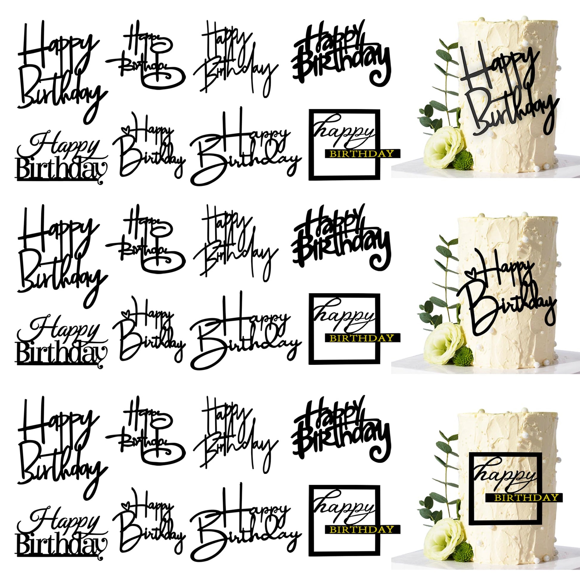 24 PCS Black Happy Birthday Cake Toppers Mirror Acrylic Side Cake Decorations 8 Styles
