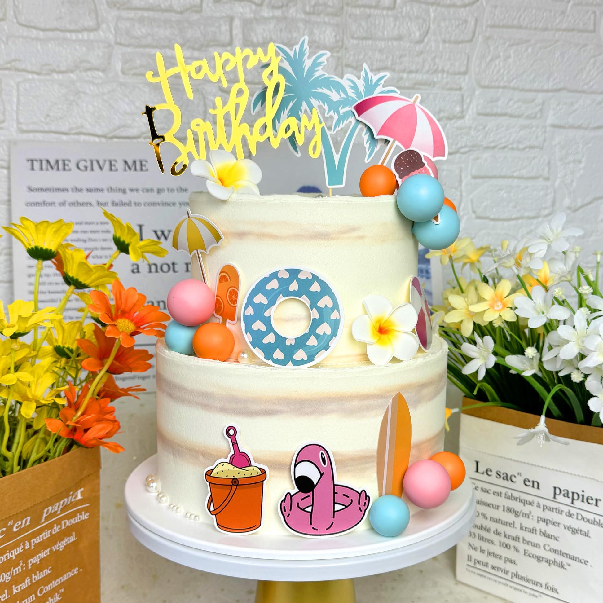 Summer Hawaiian Cake Topper with Swimming Rings Balls Sun Umbrella Beach Cake Decorations for Summer Hawaii Aloha Theme Birthday Supplies