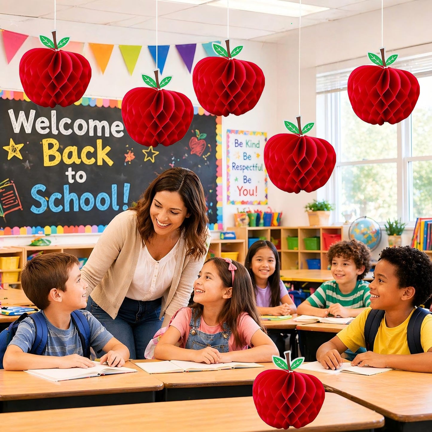 6 Pack 4.3 x 5.7 Inch Apple Honeycomb Decorations, Stand or Hang Tissue Paper Centerpieces, 3D Red Fruit Ornaments for Back to School, Teacher