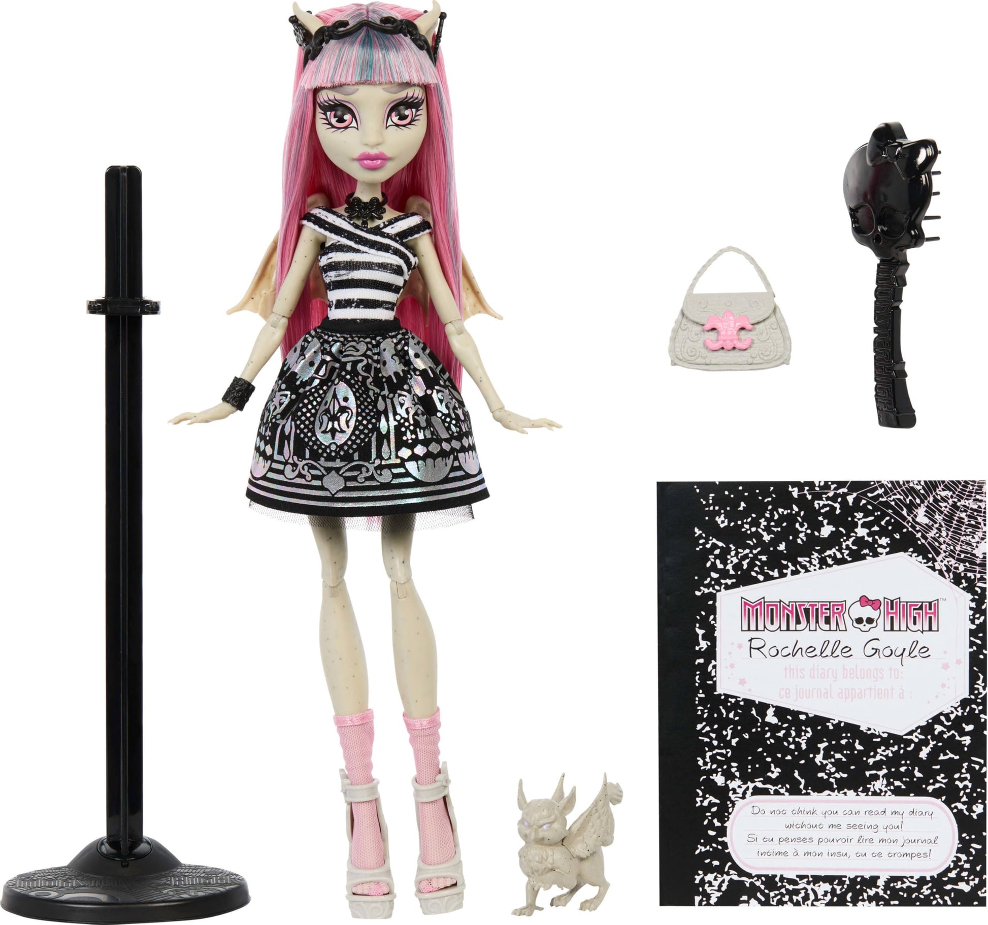 Monster High Boo-riginal Creeproduction Doll, Rochelle Goyle Collectible Reproduction with Doll Stand, Diary, and Pet Gargoyle Griffin Roux