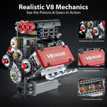 LPPROTECTOR V8 Engine Model Kit That Runs, Build Your Own STEM Mini Engine Kit with Motor and Sound, 478PCS Educational Car Building Toy for Adults