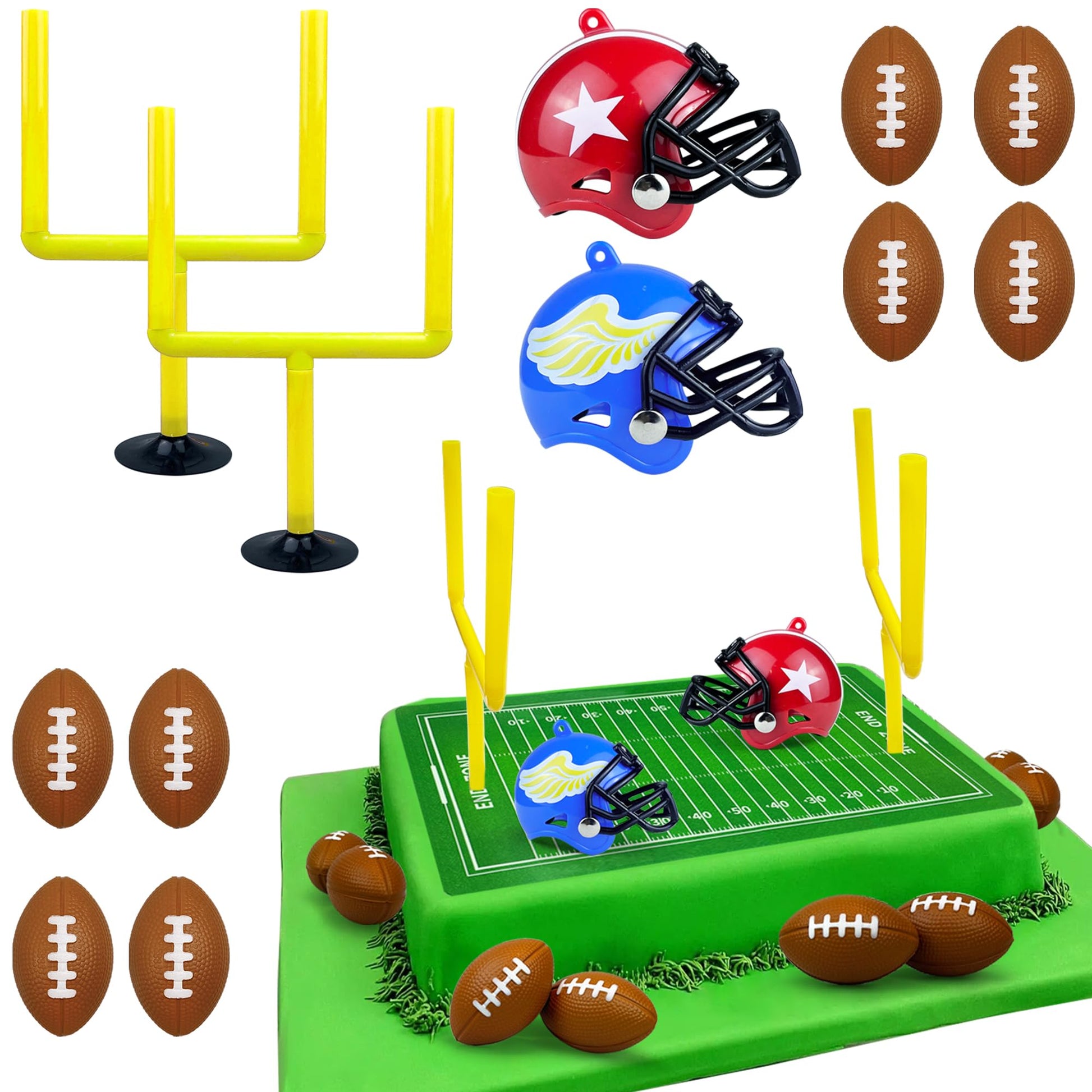 14 PCS Football Party Supplies Set with Goal Post Topper Mini Footballs and Mini Helmet Perfect for Game Day and Football Themed Birthday Parties