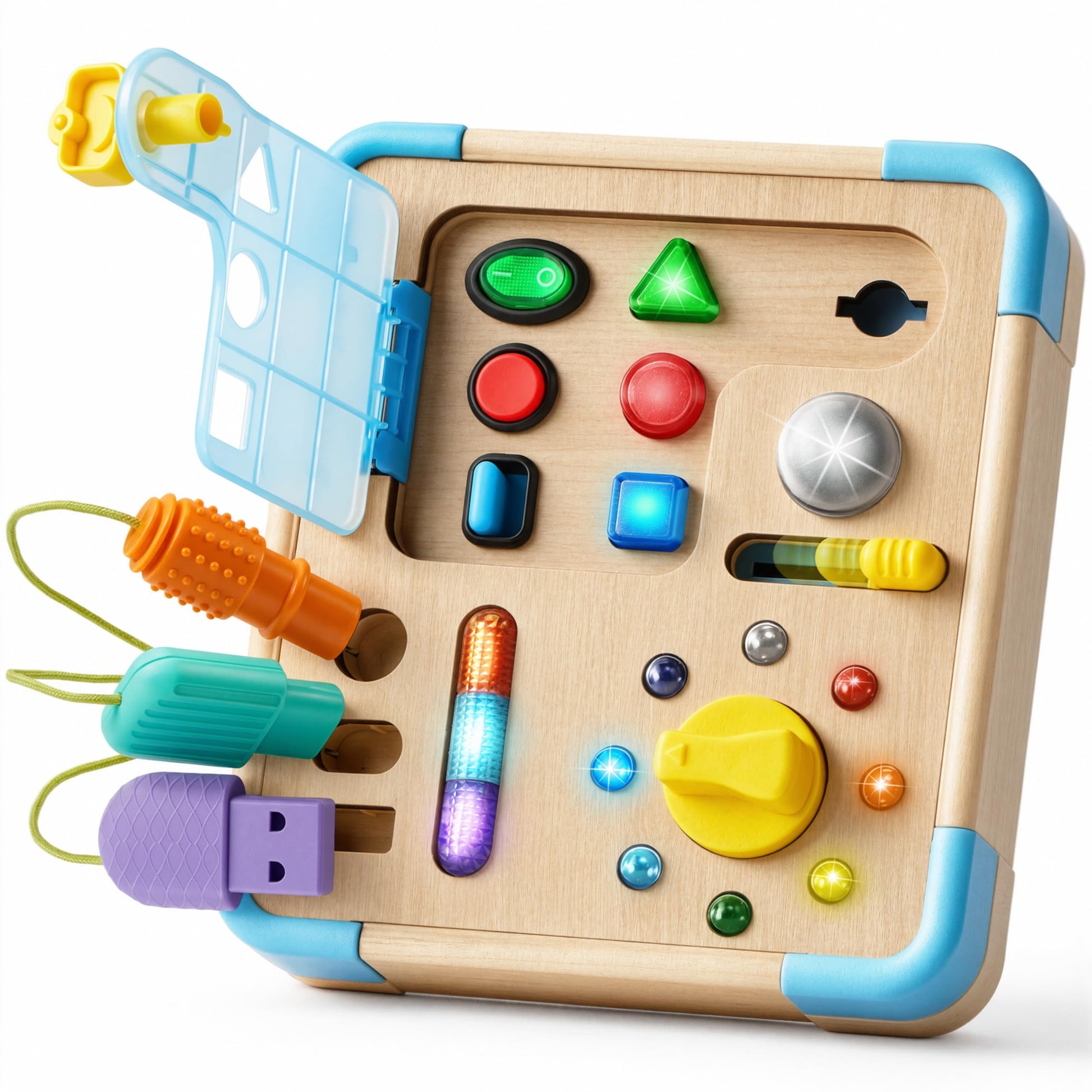 lalalark Busy Board with 15 LED Light - Montessori Learning Toddler Toy with 9 Sounds, 5 Switches & Plugs, Travel Toys Sensory Activity Board for 1 2