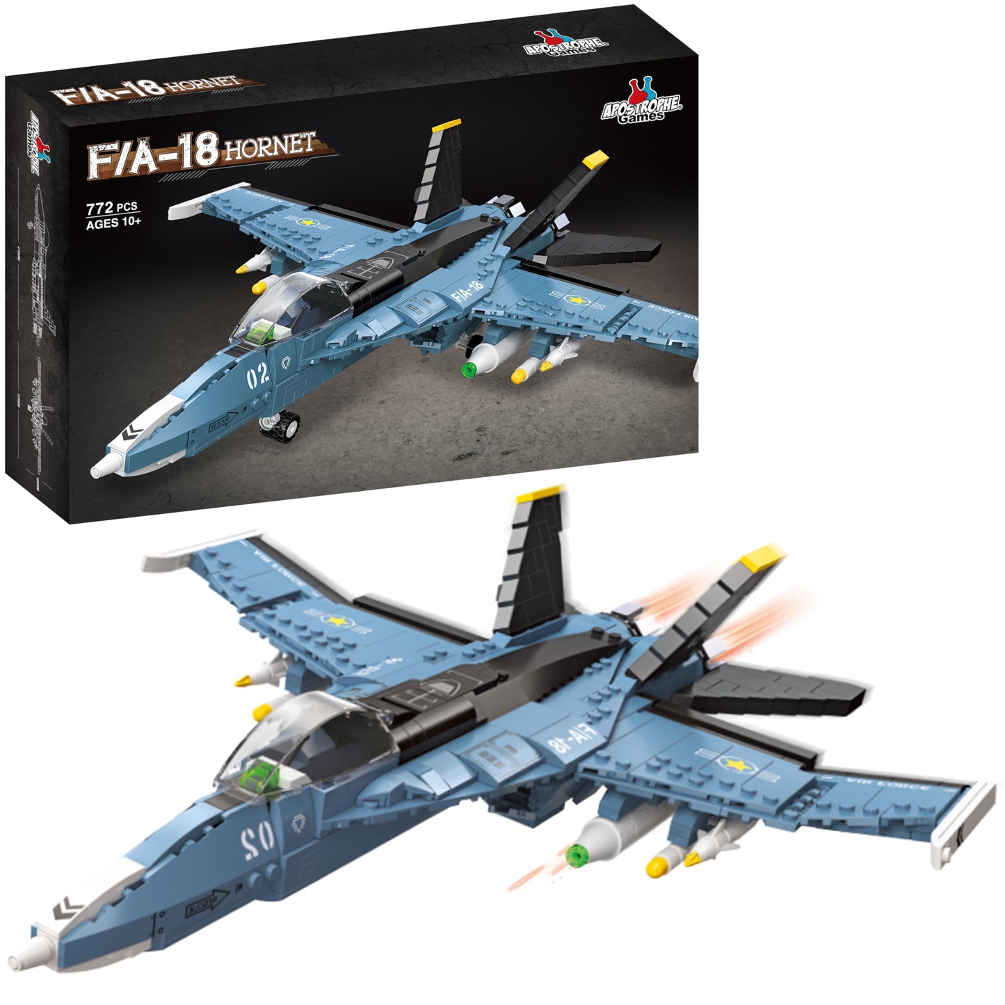 Apostrophe Games F/A-18 Hornet Fighter Jet Building Block Set - 772 Pcs - F-18 Air Force Jet Building Block Plane Toy for Kids Older Than 10
