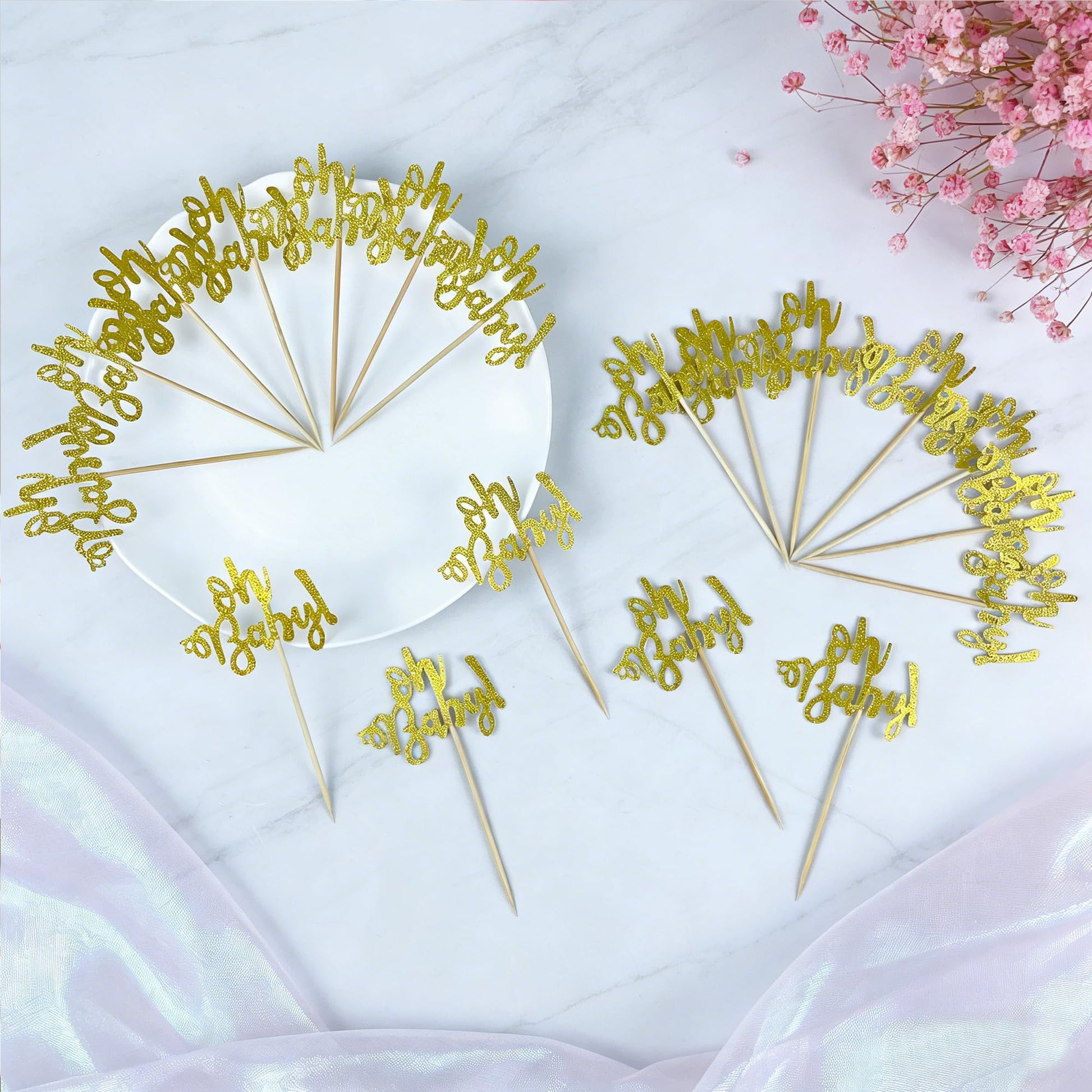 24 Gold Glitter Cake Cupcake Toppers Picks for Wedding Birthday Baby Shower Party Decorations