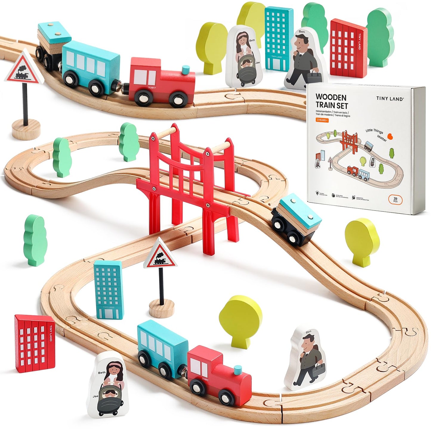 Tiny Land 39 Pcs Wooden Train Set for Toddler with Wooden Tracks