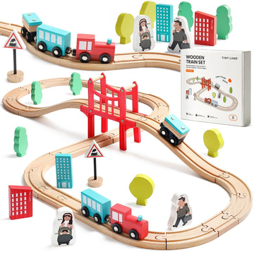 Tiny Land 39 Pcs Wooden Train Set for Toddler with Wooden Tracks