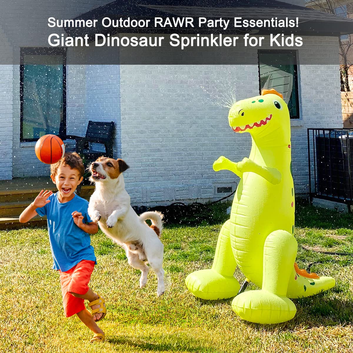 Float Joy Sprinkler for Kids Outdoor Play Water Sprinkler Inflatable 5.5ft Giant Dinosaur T-REX Great Gift for Kids and Adults Water Toy for Pool