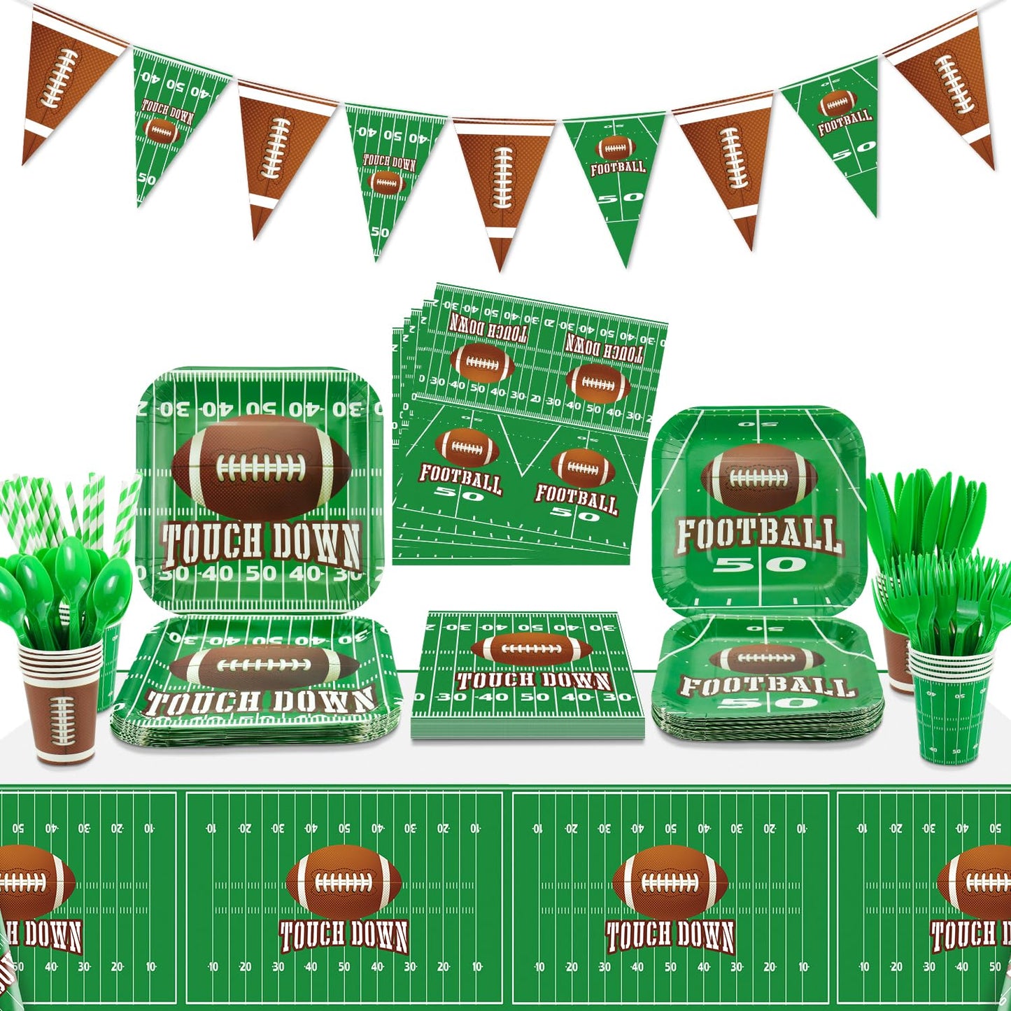 Football Theme Party Supplies - Includes Football Banner, Plates, Napkins, Cup, Tablecloth, Knives, Fork, Spoon and Straws for Boys Sports Theme