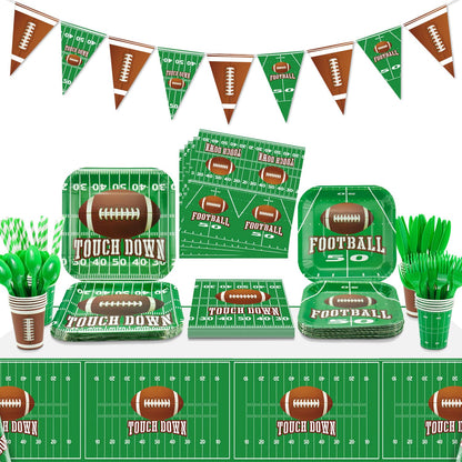 Football Theme Party Supplies - Includes Football Banner, Plates, Napkins, Cup, Tablecloth, Knives, Fork, Spoon and Straws for Boys Sports Theme