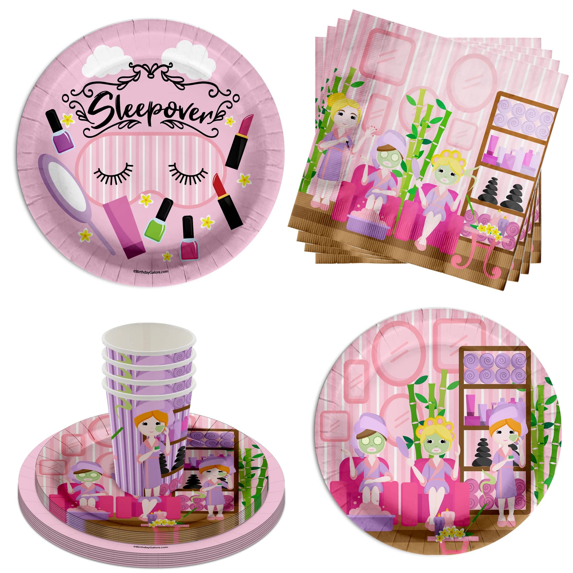 Spa Sleepover Slumber Party Supplies - 64 Piece Girls Pajama Birthday Tableware Set Includes Large 9" Dinner Plates and 8" Dessert Paper Plates