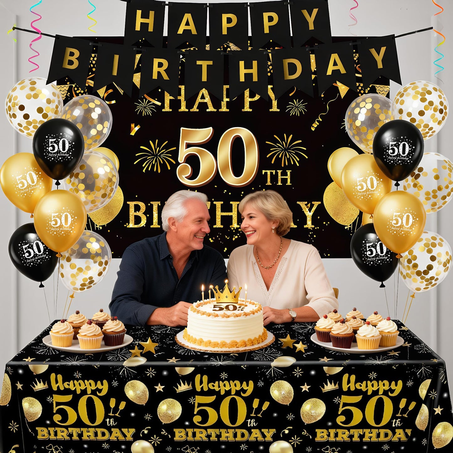 15 PCS Black Gold 50th Birthday Party Decorations 50th Happy Birthday Banner Backdrop for Men Women Birthday Photo Booth Supplies