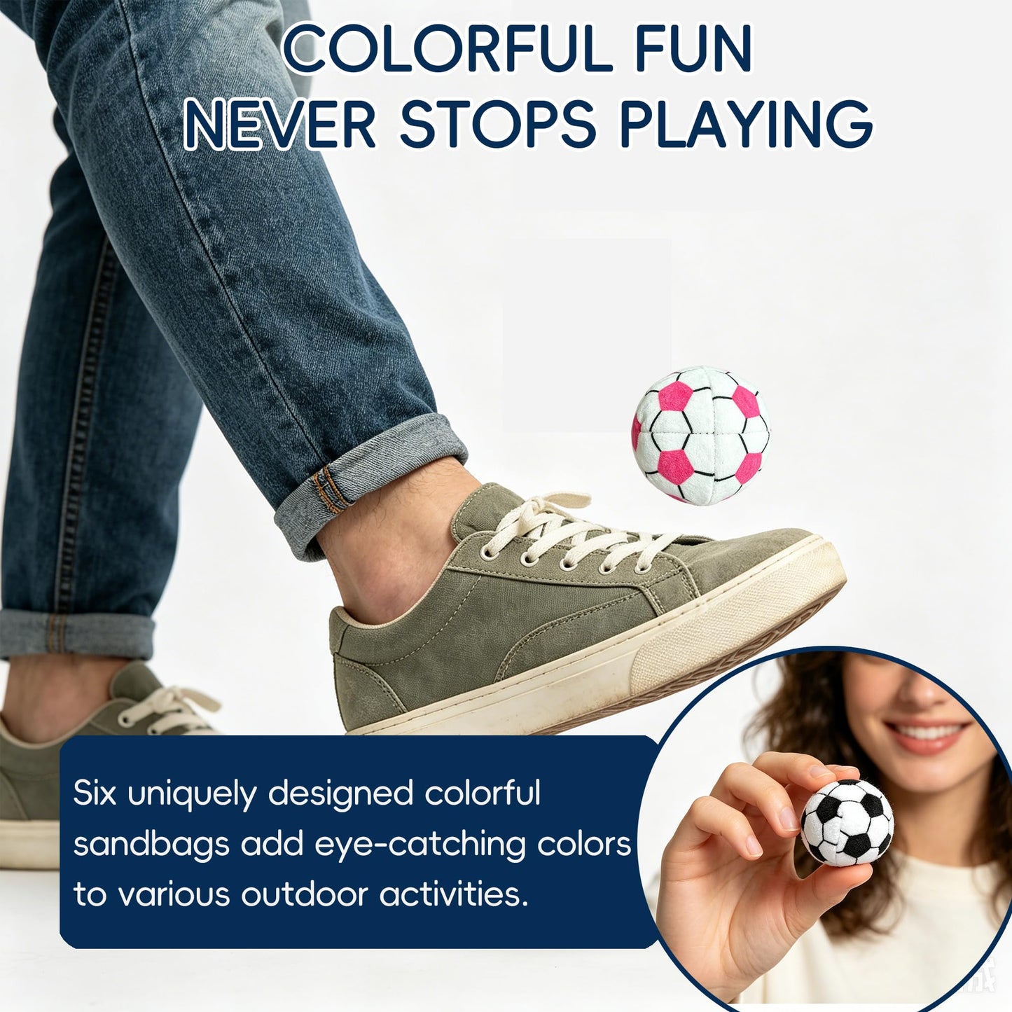 6 Pack Soccer Pattern Footbag Set - Handmade Crochet Kick Sack Balls for Adults & Beginners, Colorful Juggling Footbags, Pellet Filled Balance Toy