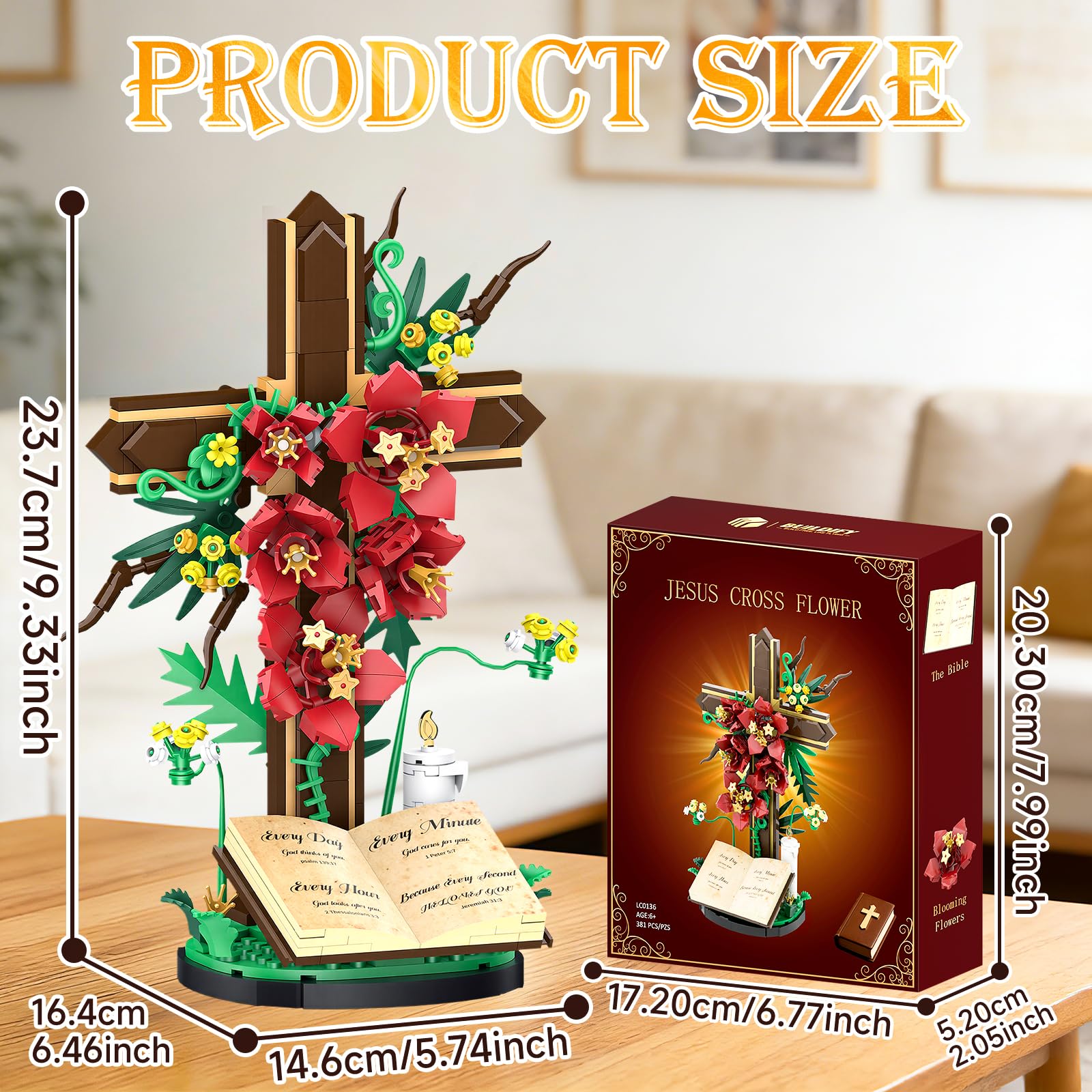 Jesus Cross Flower Building Set, Religious Cross Collectibles Jesus Catholic Building Toys, Christian Crucifix Floral Decor Display, Easter