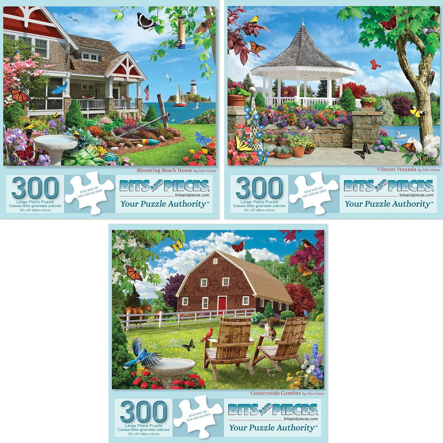 Bits and Pieces - Value Set of Three (3) 300 Piece Jigsaw Puzzles for Adults - Measures 18" x 24" - 300 pc Vibrant Blooming Branch House Countryside