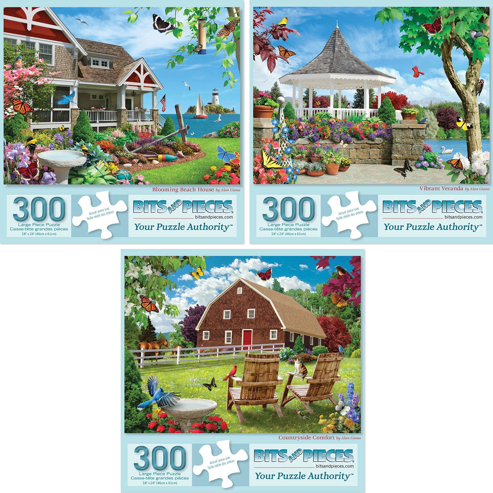 Bits and Pieces - Value Set of Three (3) 300 Piece Jigsaw Puzzles for Adults - Measures 18" x 24" - 300 pc Vibrant Blooming Branch House Countryside
