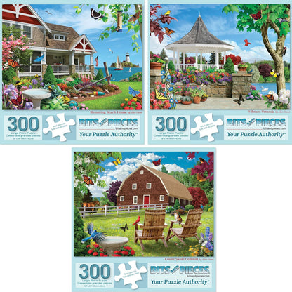 Bits and Pieces - Value Set of Three (3) 300 Piece Jigsaw Puzzles for Adults - Measures 18" x 24" - 300 pc Vibrant Blooming Branch House Countryside