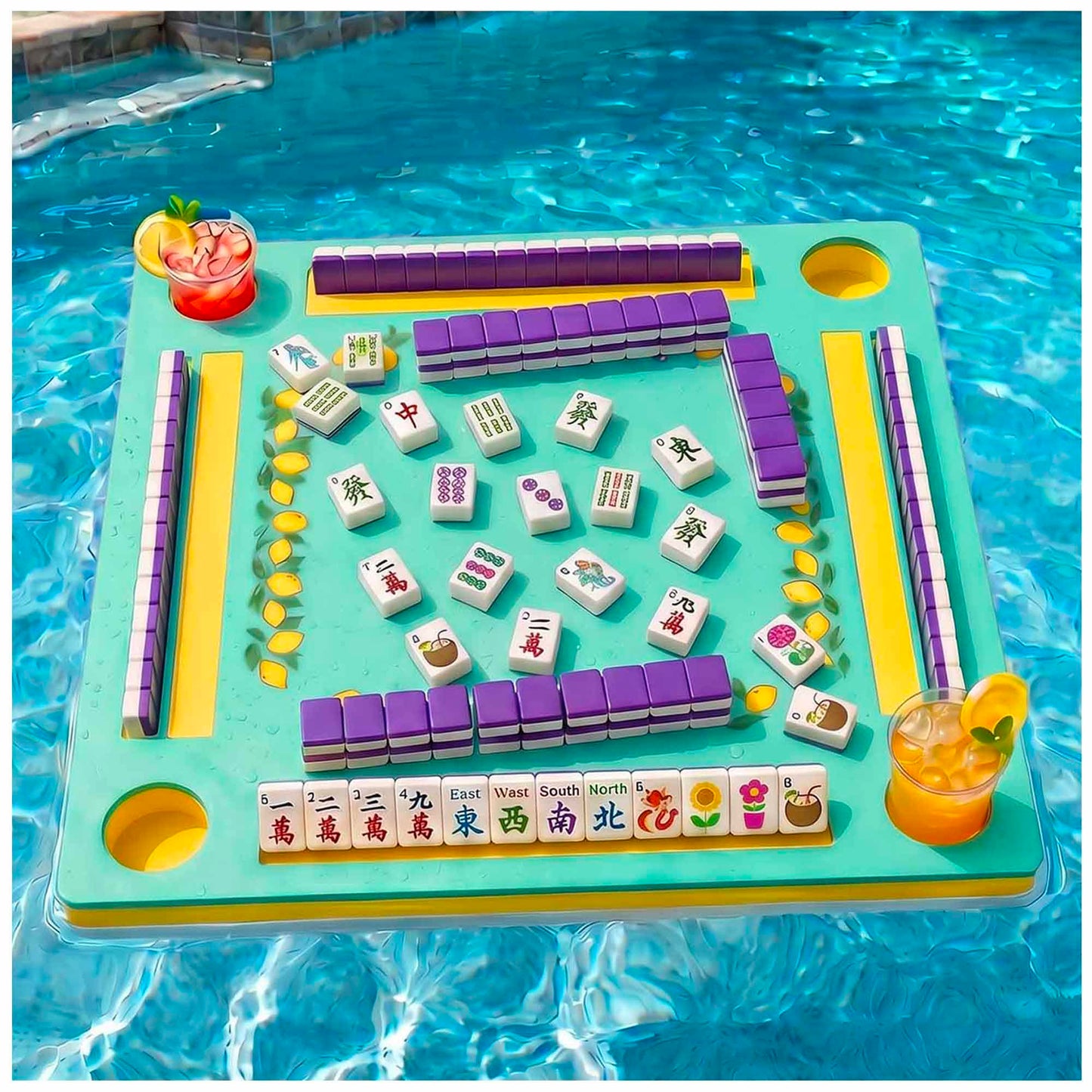 Floating Mahjong Table for Pool,32×32in Pool Float Game Board for Mahjong Poker Dominoes,Hot Tub Float Table with Tile Racks and Cup Holders