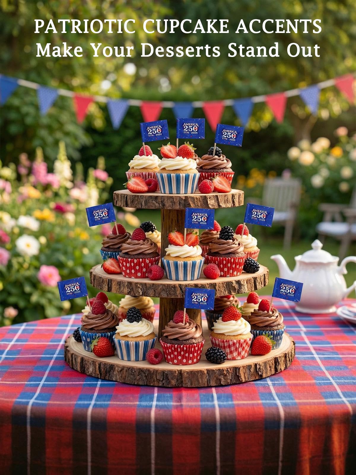 100 Pack America 250 Merchandise Toothpick Flags - Eco-Friendly USA 250th Anniversary Party Supplies & Cupcake Toppers - 1776-2026 Patriotic Mini Food