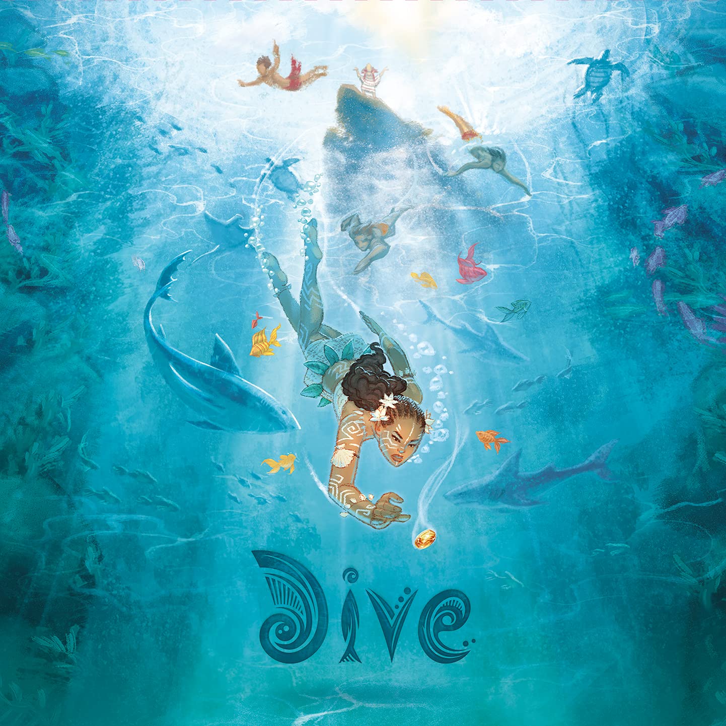 Sit Down! Dive Board Game - Unique Transparent Ocean Cards, Push Your Luck, Catch a Ride on a Sea Turtle or Dolphin - First to 23 Points Wins, 1-4