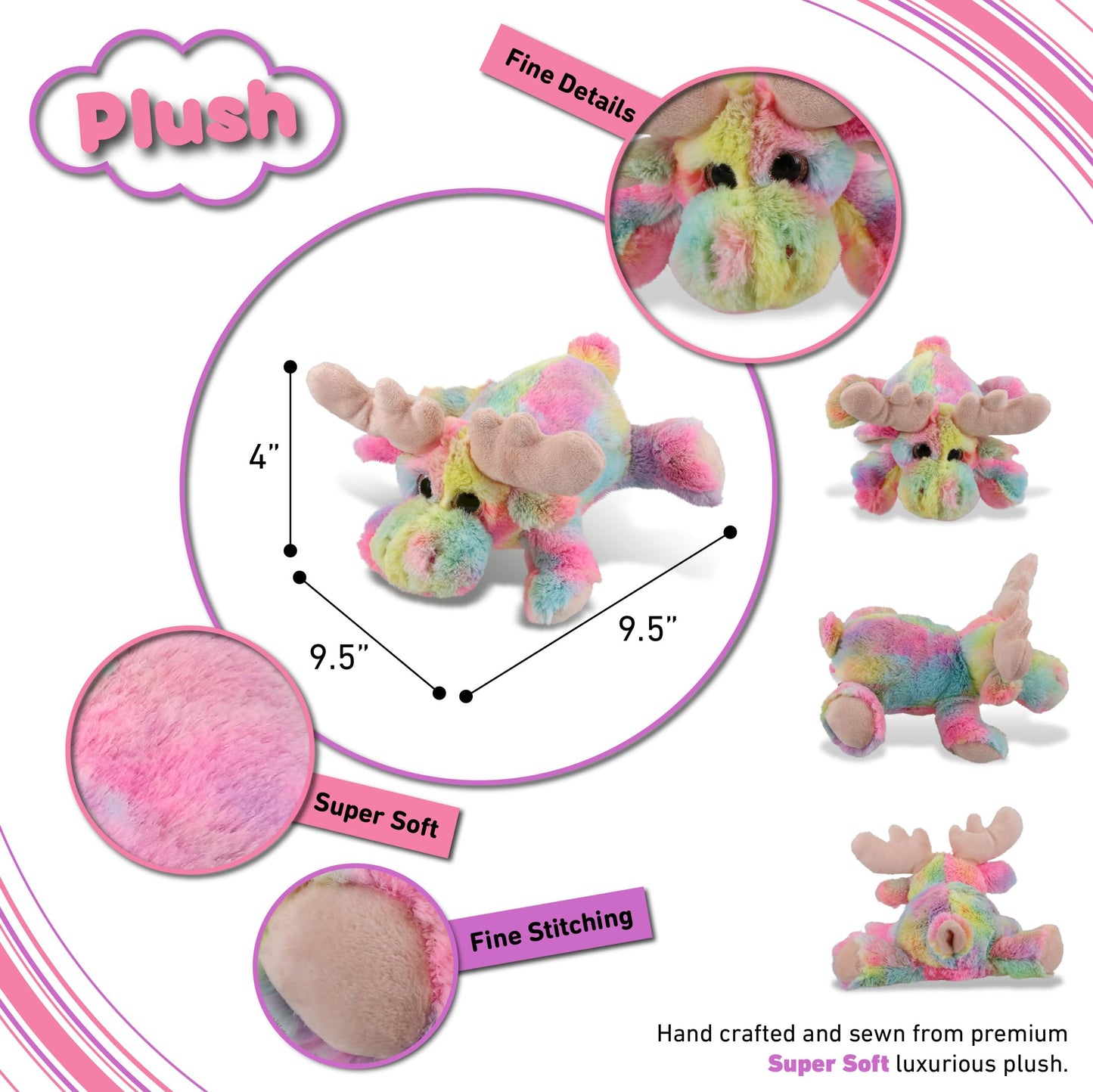 DolliBu Rainbow Lying Moose Stuffed Animal - Soft Huggable Moose Stuffed Toy, Adorable Playtime Wildlife Plush Toy, Cute Cuddle Gifts for Kids