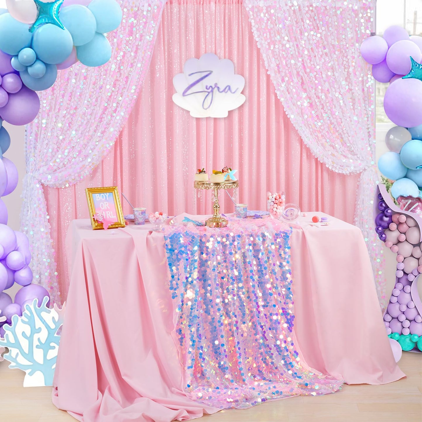 QueenDream Mermaid Tablecloth Pink Payette Sequin Tablecloth for Birthday Ocean Themed Party Princess Girl Baby Shower Decorations 51x35 Inch