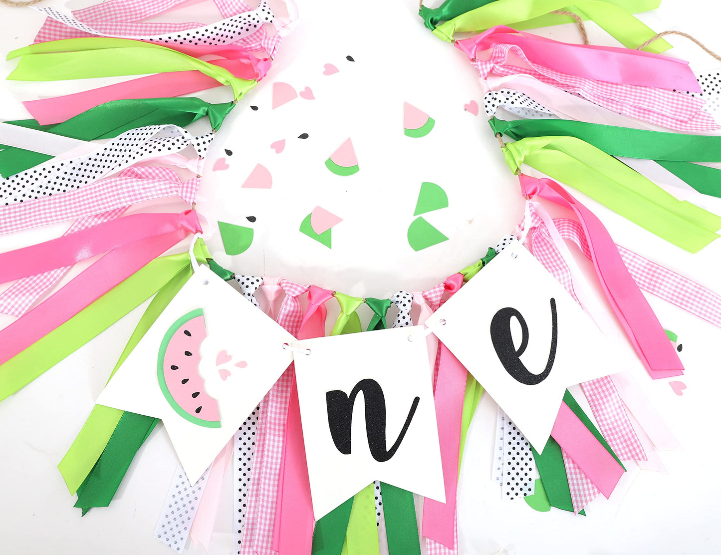 LINLULU Watermelon Highchair Banner, 1st Birthday Decorations for Girl, Fruits Theme, Red, Handmade, Reusable, Photo Prop, 80*8.75 inches