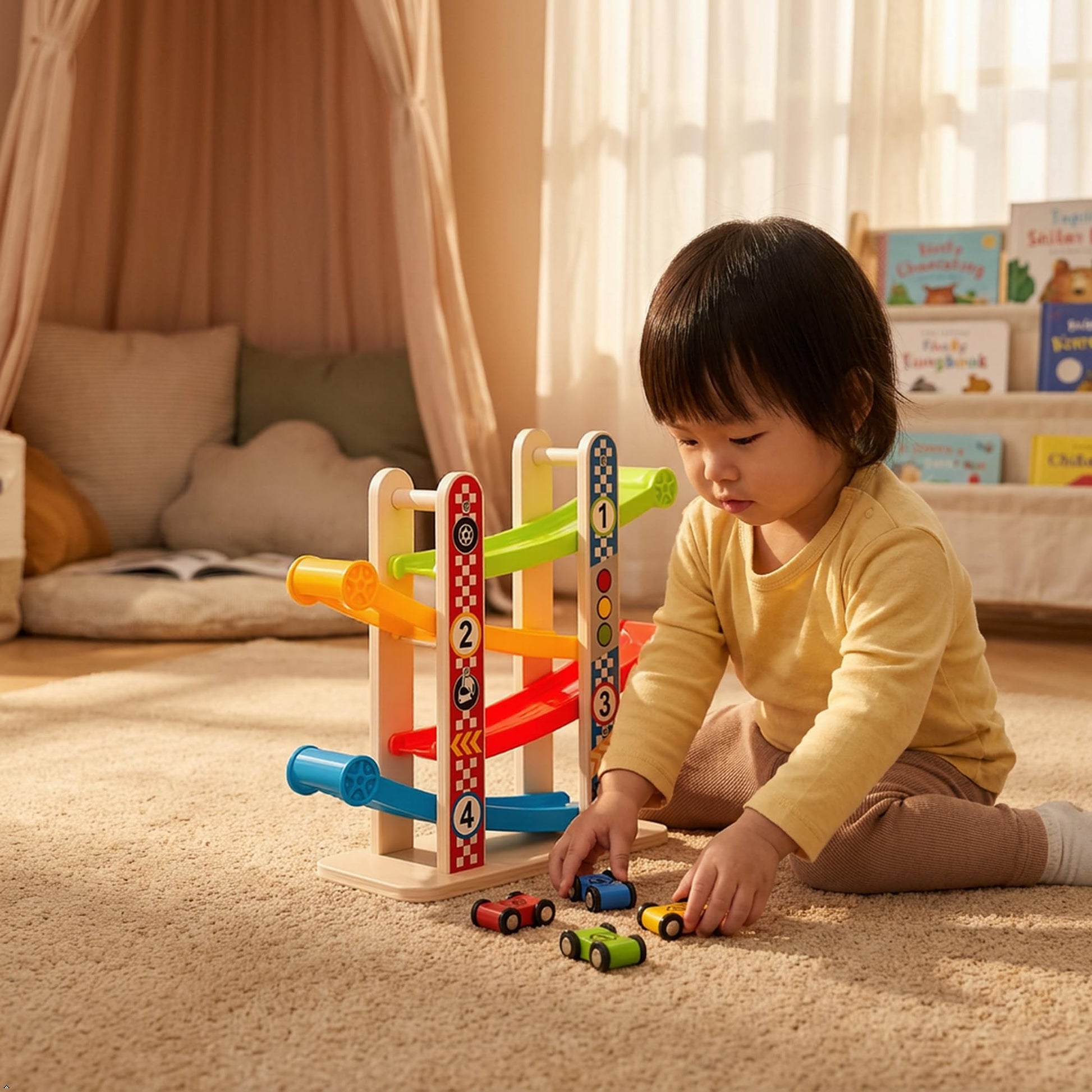 Wooden Car Ramp Race Track for Toddlers 1-3 - Montessori Toys for 1 2 3 Year Old Boy, Toddler Toys for 2 Year Old Boy and Girl, 4 Cars, Fine Motor