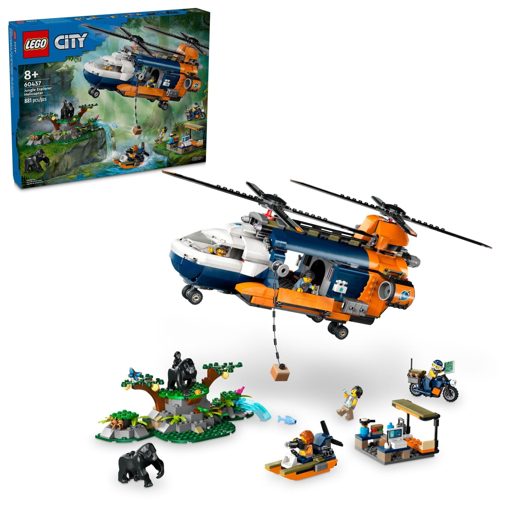 LEGO City Jungle Explorer Helicopter Toy at Base Camp - Kids Toy Adventure Building Set for Boys & Girls, Ages 8+ - with 5 Minifigures & Gorilla