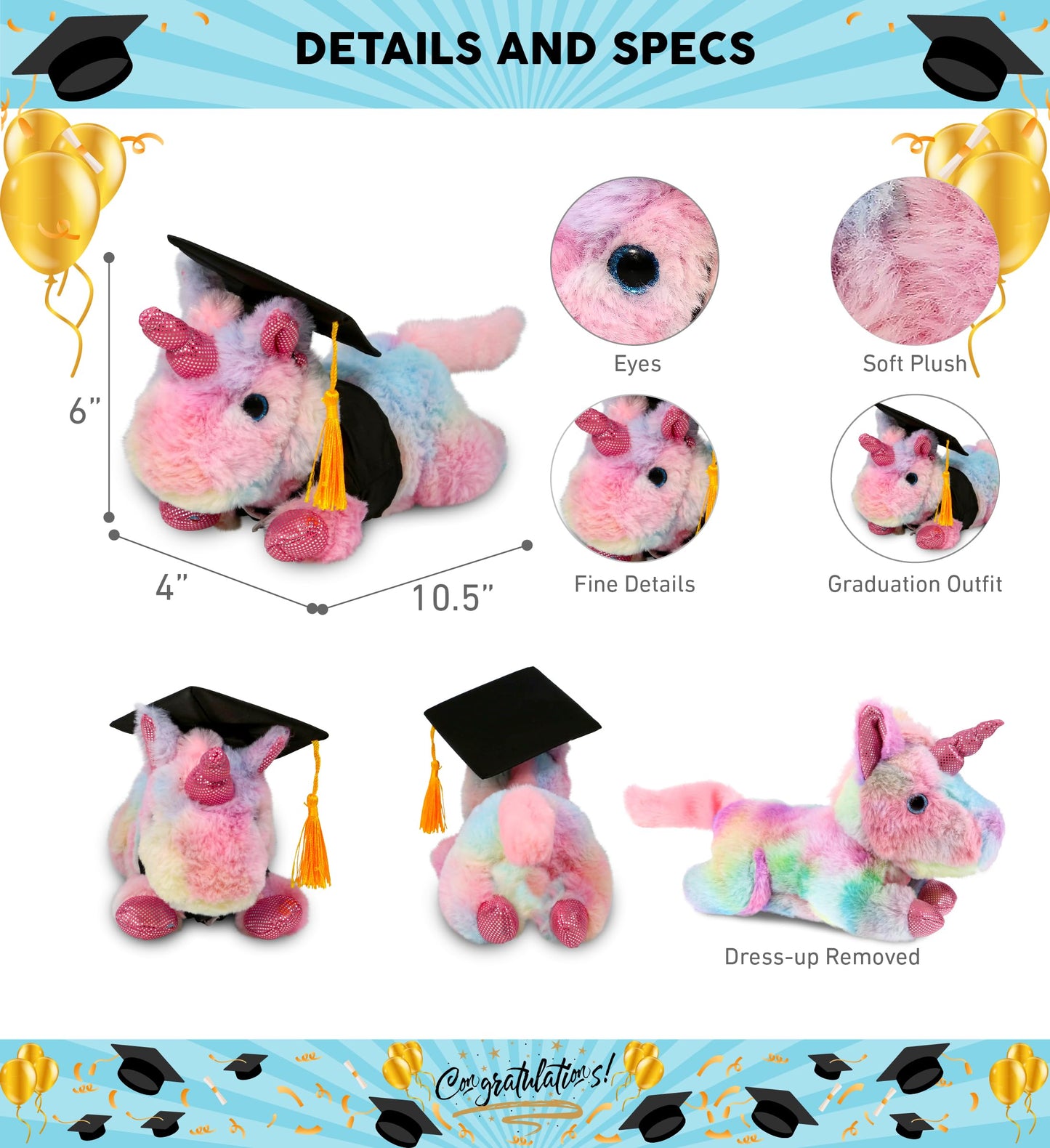 DolliBu Sunday Rainbow Unicorn Graduation Plush Toy - Cotton Candy Plush Graduation Stuffed Animal Dress Up Gown and Cap with Tassel - Gift