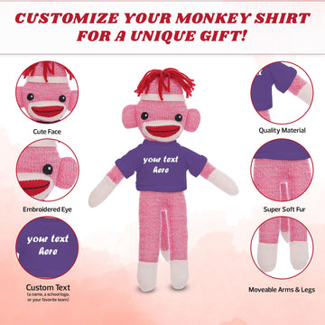 Made By Aliens Personalized Huggable Pink Sock Monkey 8 Inch Plush Stuffed Animal Gift - Custom Text on Shirt - Perfect for Valentine's Day