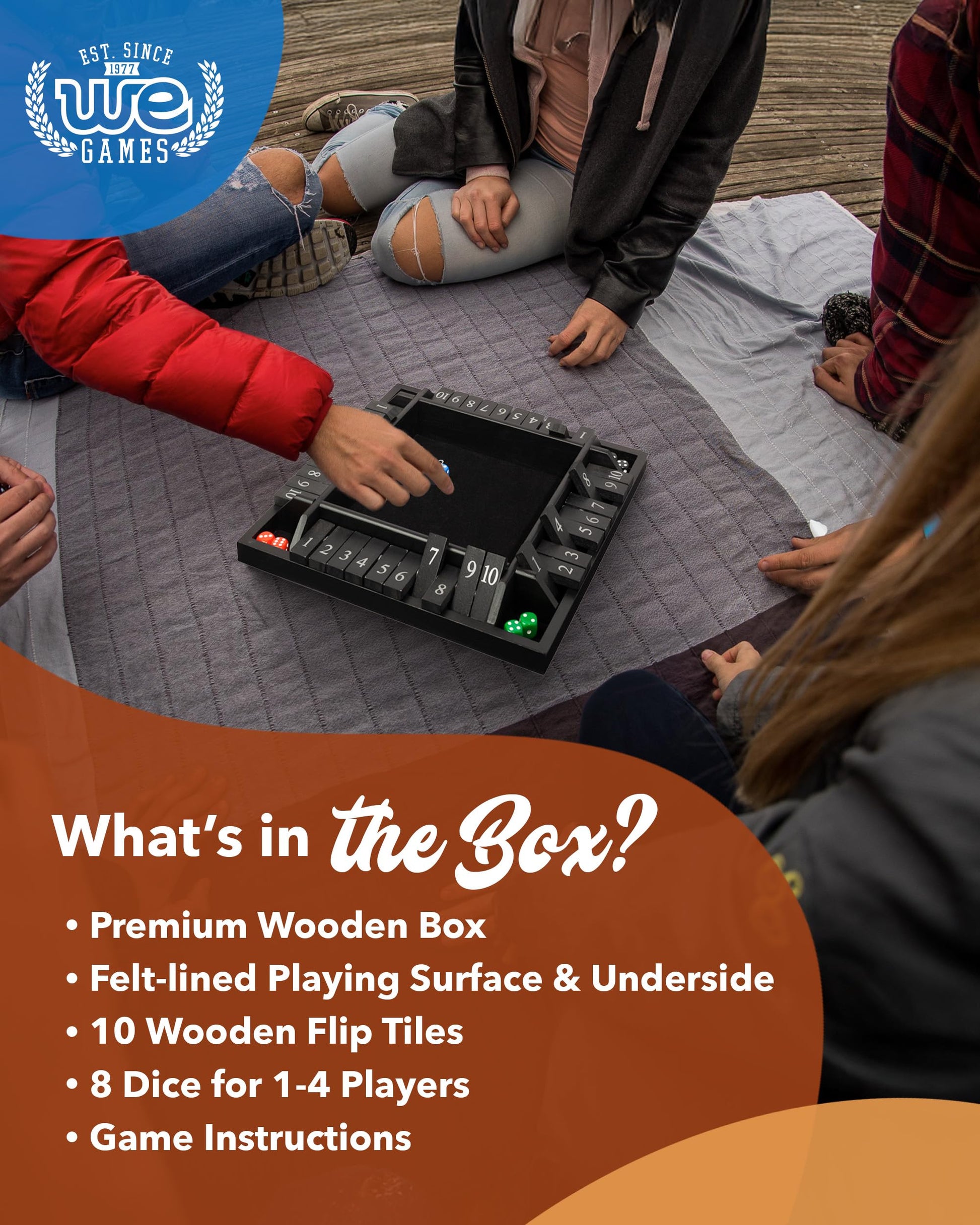 WE Games Wooden Shut the Box Game 4 Player - 10 Number Tiles & 8 Dice - Large 14-Inch, Black Stained Wood Finish