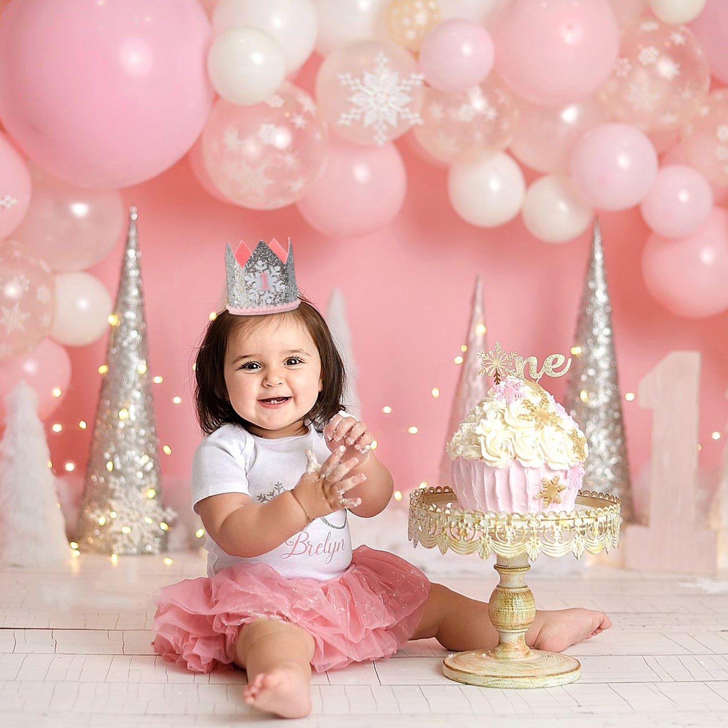 MUWEOL Snowflake 1st Birthday Crown - Winter Onederland 1st Birthday Party Decorations For Baby Girls?Silver And Pink Crown