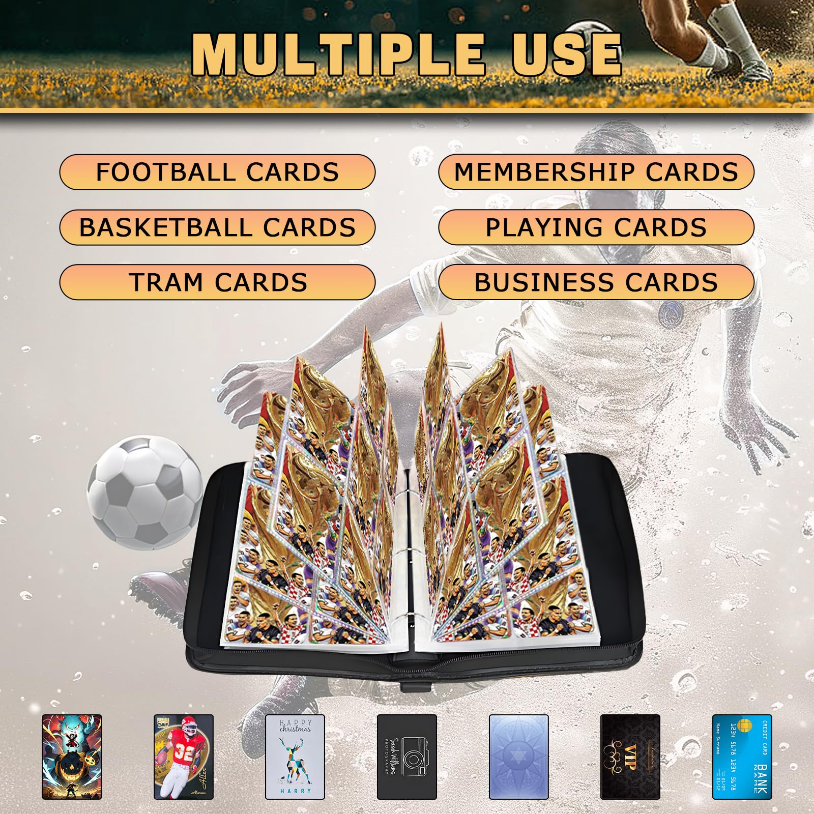 Soccer Card Binder 4 Pocket,Trading Card Binder Fits 440 Cards with 55 Removable Sleeves,Binder Collection Booklet with Zipper, PU Portable Card