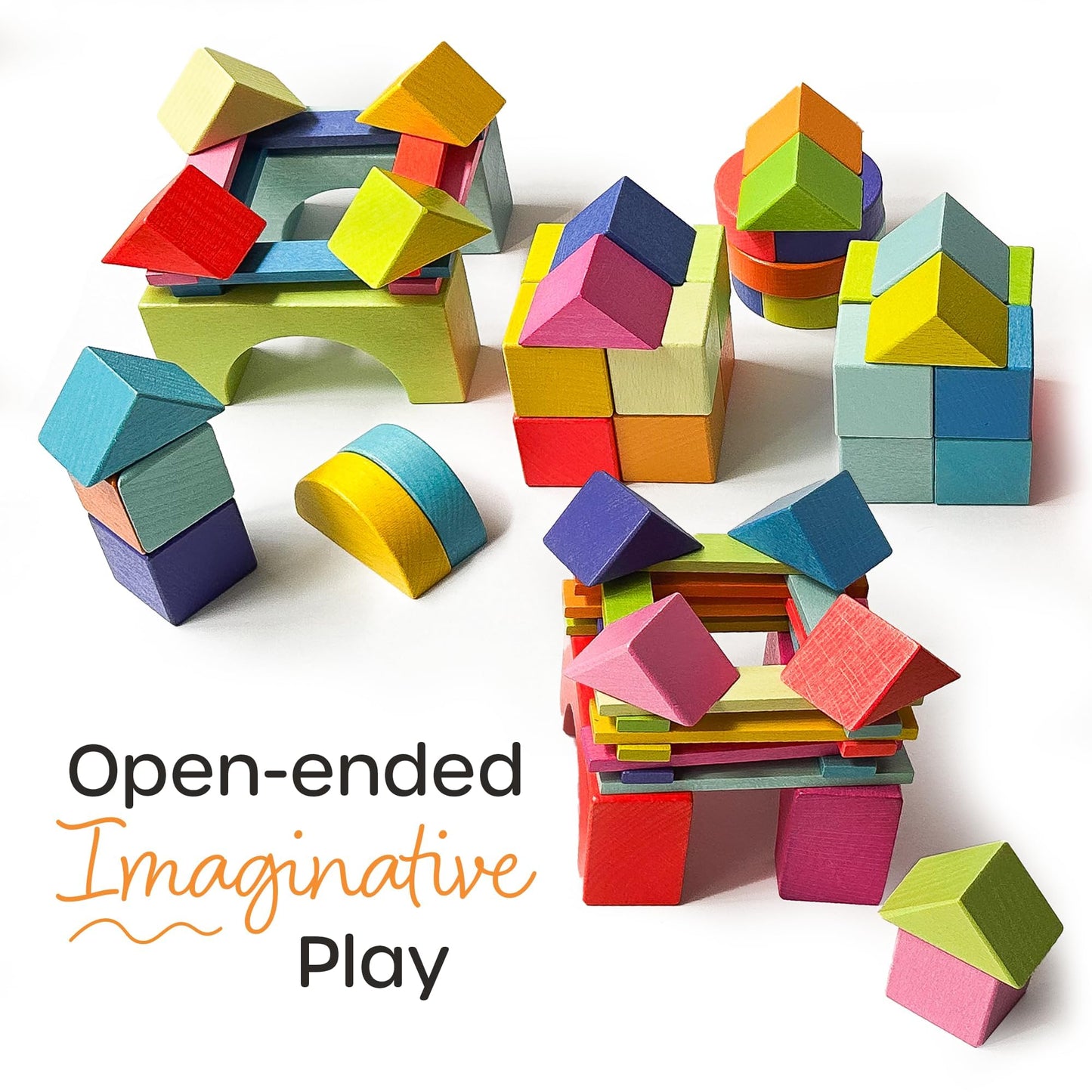 Quiggly Montessori Wooden Rainbow Building Blocks - 68 Pc STEM Toy Set