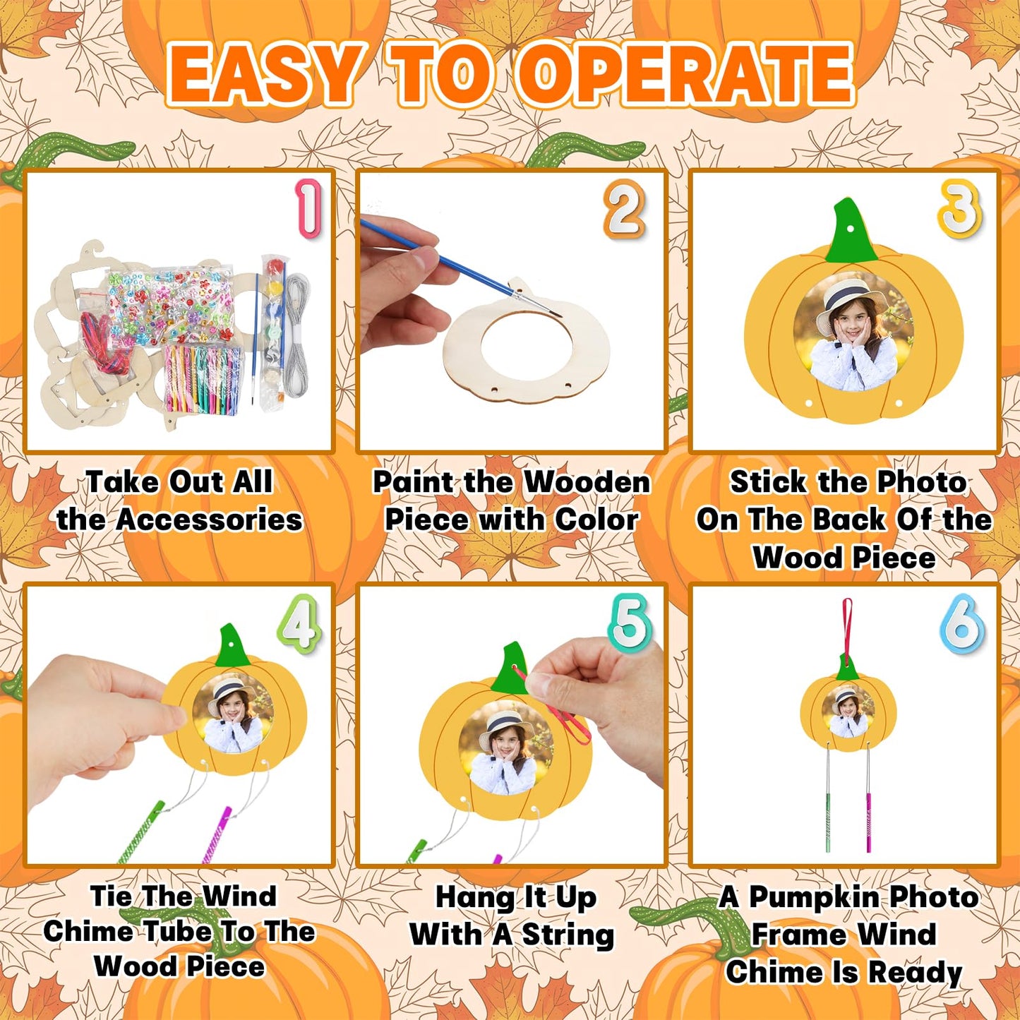 Fennoral 12 Pack Pumpkin Wind Chime Kit for Kids Make You Own Pumpkin Photo Frame Wind Chimes DIY Paint Fall Craft Wooden Ornaments for Art Project