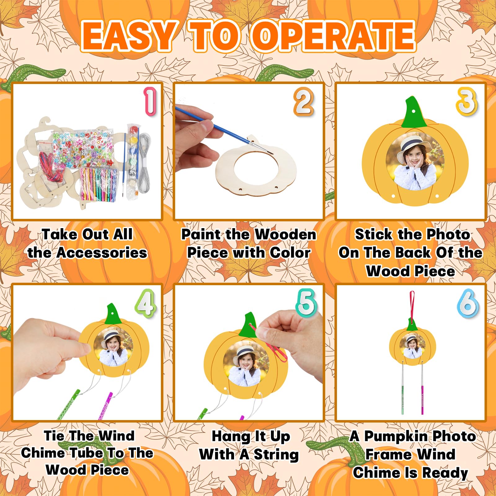Fennoral 12 Pack Pumpkin Wind Chime Kit for Kids Make You Own Pumpkin Photo Frame Wind Chimes DIY Paint Fall Craft Wooden Ornaments for Art Project