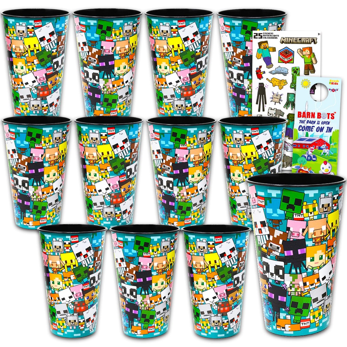 Minecraft Reusable Tumbler Cup Pack - Video Game Party Favor 12 Piece Bundle with 24 Oz Cups Plus Stickers, More | Bulk Minecraft Water Tumblers